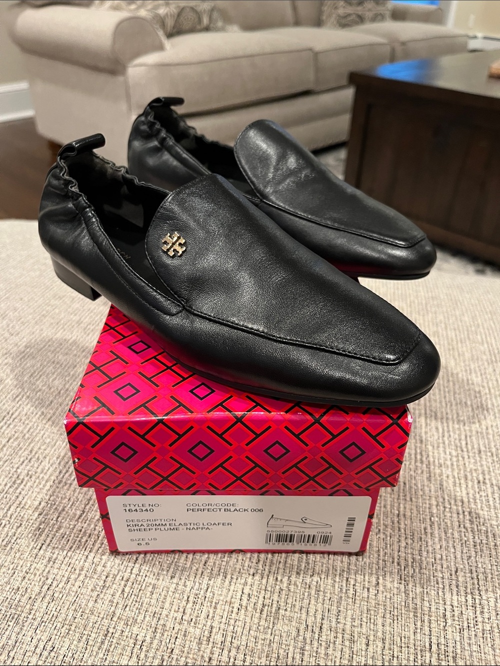Tory Burch Black Leather Loafer with Elastic Back